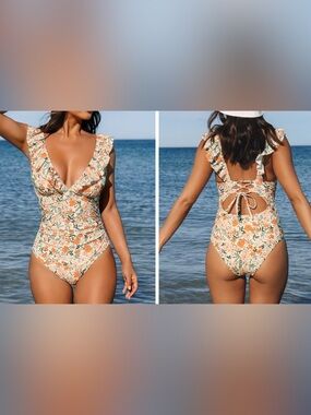 NEW Cupshe Ditsy Floral Flutter Sleeve Ruffle Deep V One-Piece XL